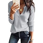 Women's V Neck Waffle Knit Henley Tops Casual Long Sleeve Pullover Sweater Blouses