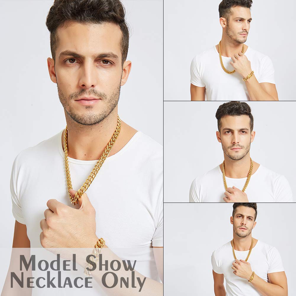 Jewelry Kingdom 1 Necklace and Bracelet for Men, 24K Gold Cuban Link Chain, Big and Heavy Miami Chain, 15MM Stainless Steel Curb Chain Choker for Boys and Bikers 8-30inches
