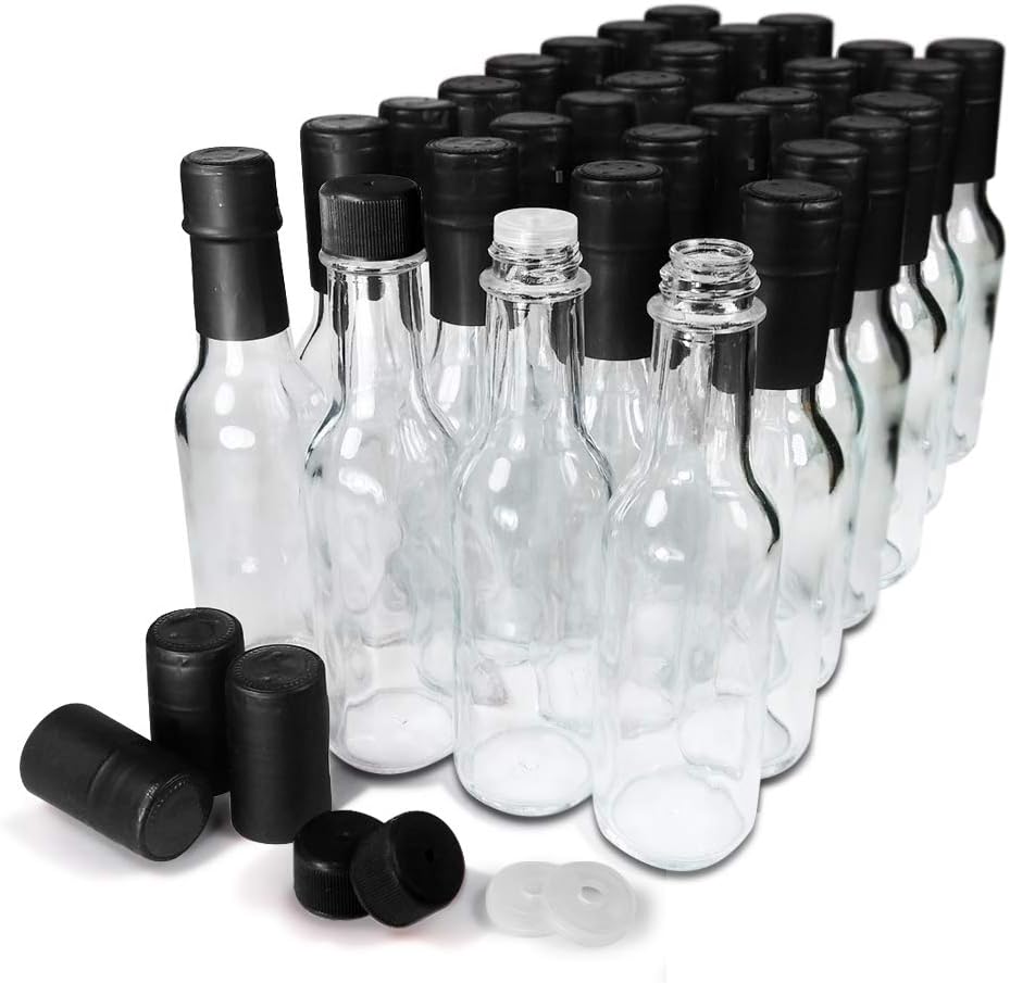 Hot Sauce Woozy Bottles Empty 5 Oz Complete Sets of Premium Commercial Grade Clear Glass Dasher Bottle with Shrink Capsule, Leak Proof Screw Cap, Snap On Orifice Reducer Dripper Insert (Black 30 Sets): Home Improvement