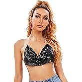 HiSexy Womens Sexy Sparkly Sequin Crop Tops, Deep V Body Chain Cami, Glitter Sleeveless Tank, Metallic Halter Tops