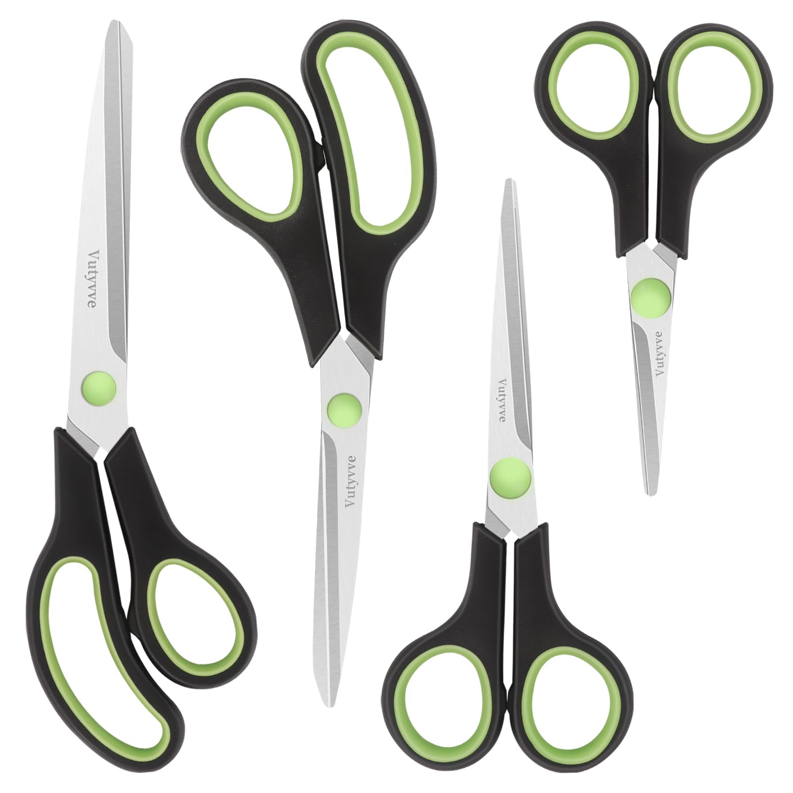 Vutyvve Scissors, Stainless Steel Blades, Soft Semi-Rubber Grips, 4-Piece Scissors Set for Everyday Use at Home, Office, School, 5.1 Inch, 6.1 Inch, 8.5 Inch, 9.9 Inch, Black/Green