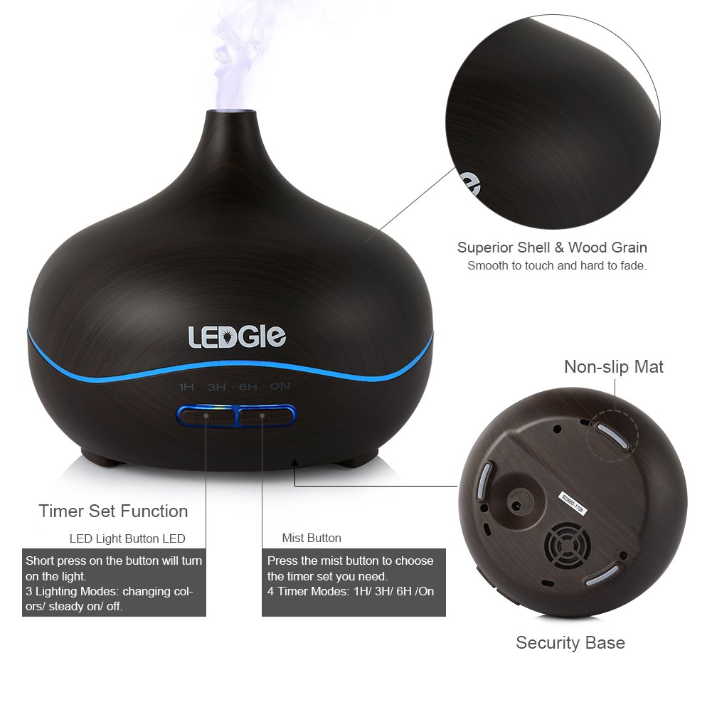LEDGLE 300ml Home Essential Oil Diffuser (4 Timer Settings, 7 Color LED Lights, Up to 8H Use, Mist Control, Waterless Auto Shut-Off), Air Purifiers for Livingroom Bedroom Office Yoga Spa