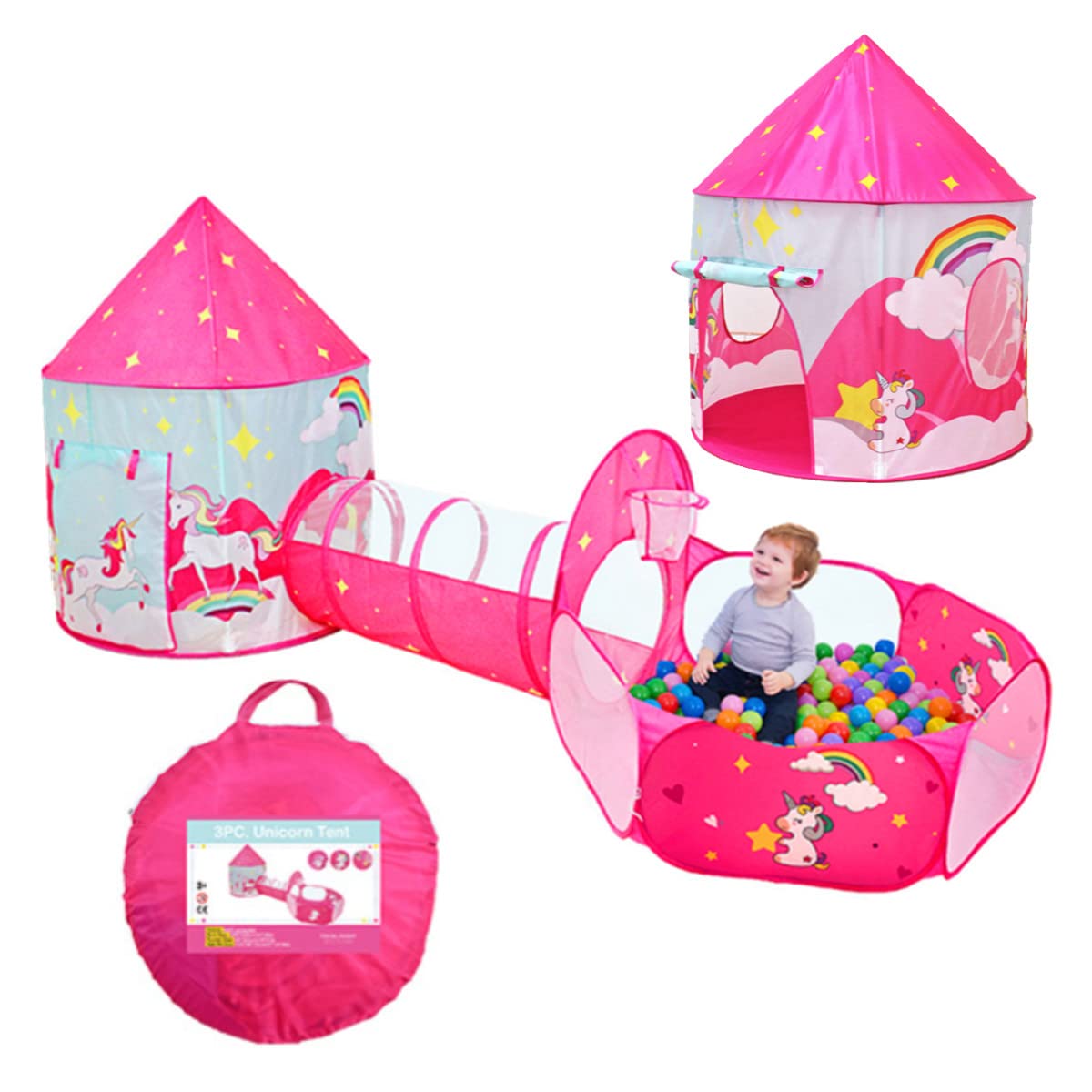 Benebomo Childrens Play Tent house and Tunnel pop up,Set-Foldable 3-in-1 Kids Tent house unicorn,Toddlers Playhouse Ball Pit Tunnel,Garden Playhouse for Boys Girls Indoor/Outdoor,with Carrying bag