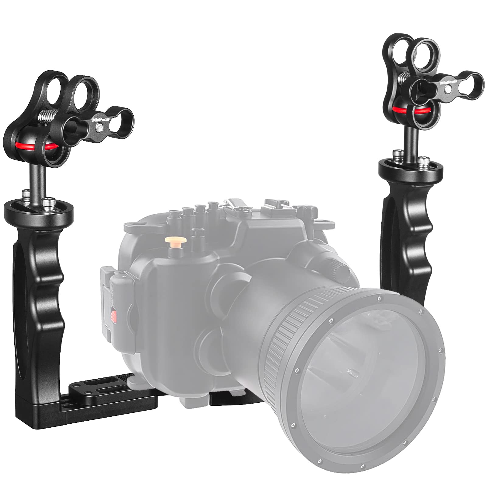 Photo 1 of MINIFOCUS Underwater Camera Handle Tray Bracket, Dual Handle Extendable Aluminum Alloy Video Stabilizer Holder with 2 1'' Ball Clamp Mount for Underwater Camera Diving Housings