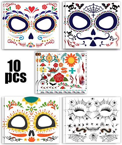 10 Packs Day of the Death Halloween Tattoos, Families Skull Temporary Tattoos Party Favor Supplies, 6x5 inches