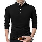 KUYIGO Men Casual Long Sleeve Polo Shirts Mandarin Collared Slim Fit Fashion Cotton Tops