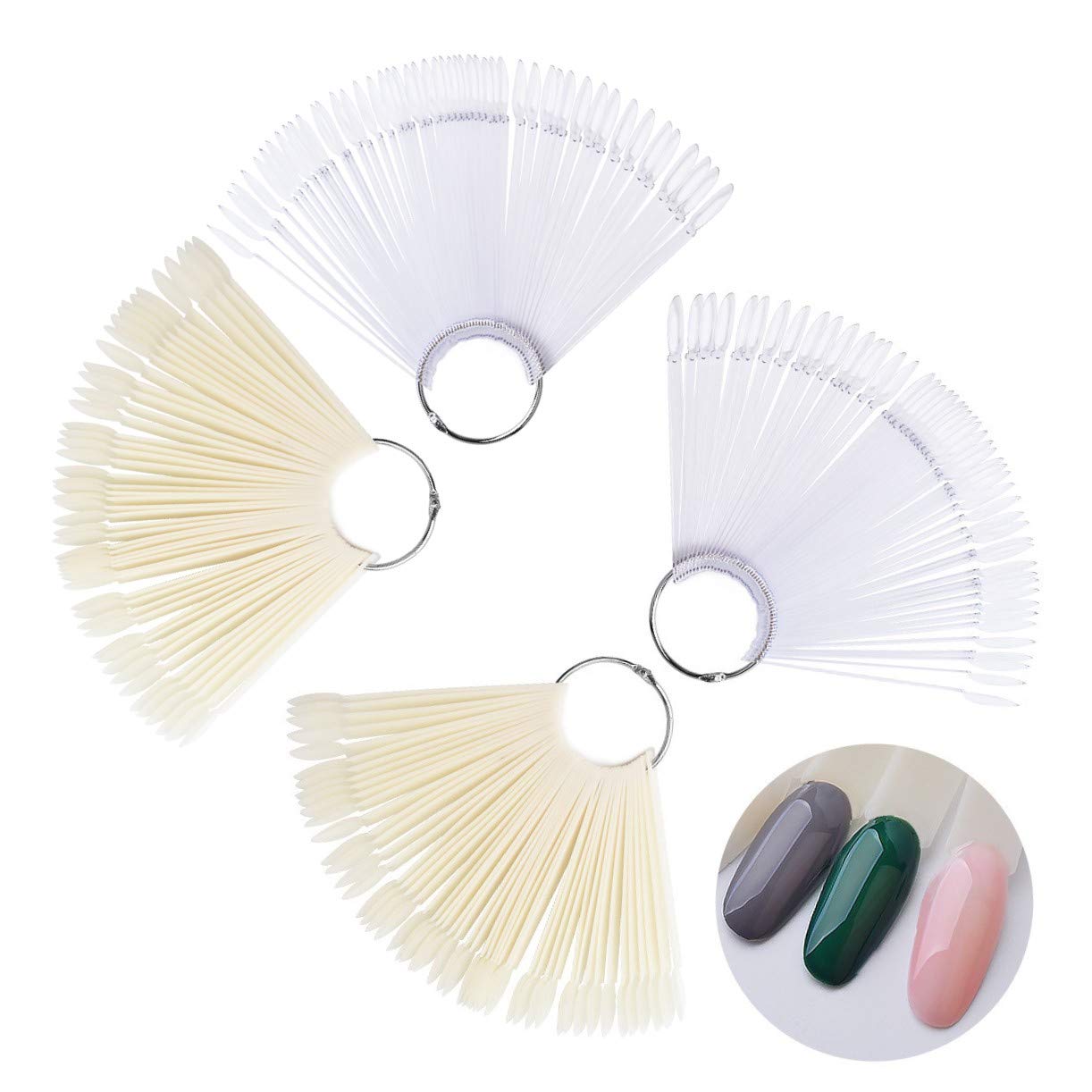 JZK 200 x Natural and clear false nail art tips colour display fan, nail swatch sticks with ring for nail art practice and swatching nail polish
