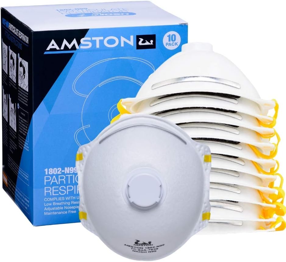 Amston N99 Disposable Dust Masks (10 Pack) CDC/NIOSH-Certified Particulate Respirators with Exhalation Valve PPE for Construction, Home, DIY Projects, Allergy, Pollution, Mowing