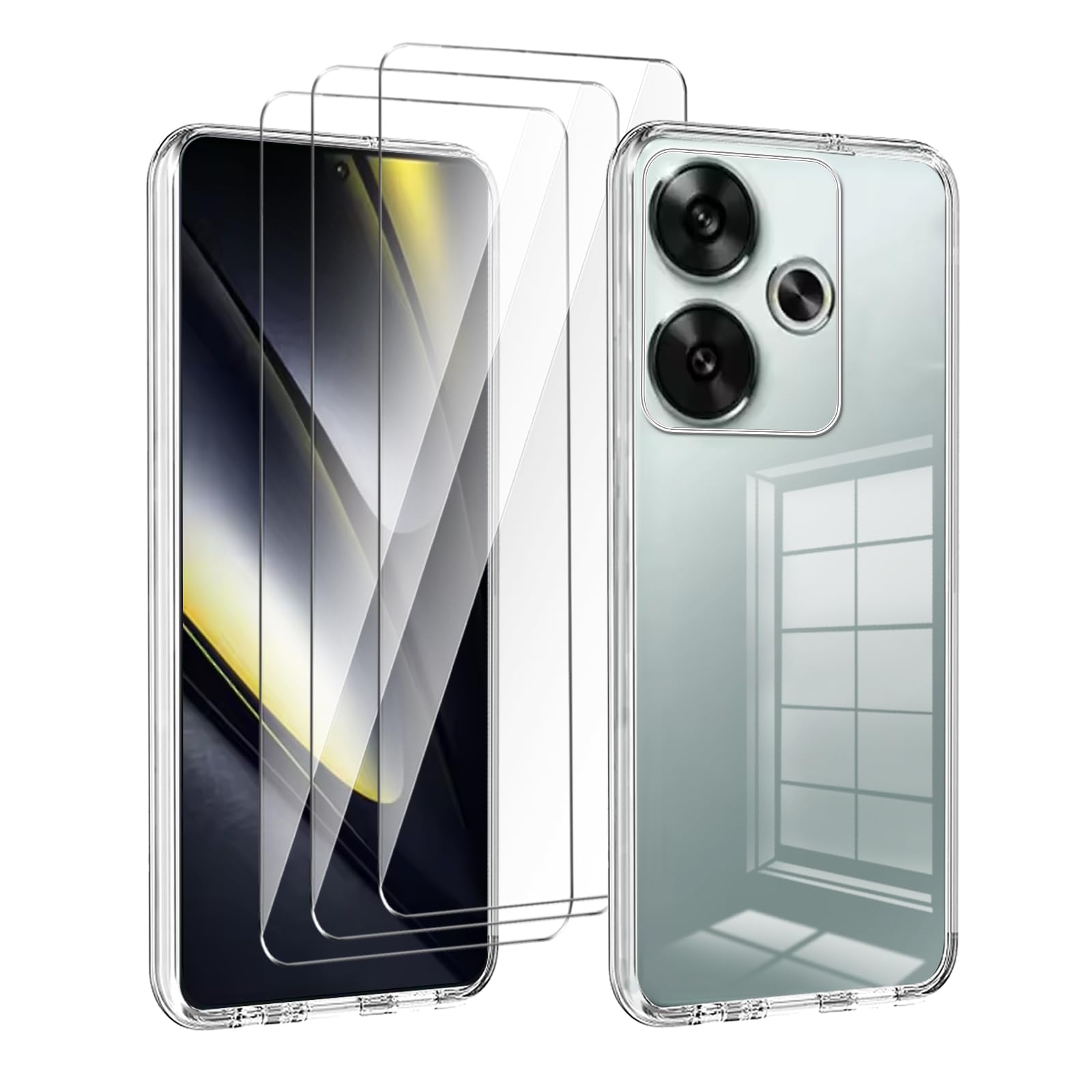 LYZXMY Transparent Case for Xiaomi Poco F6 (6.67") With 3 Pieces Tempered Glass Protective Film - Soft Silicone TPU Protective Cover