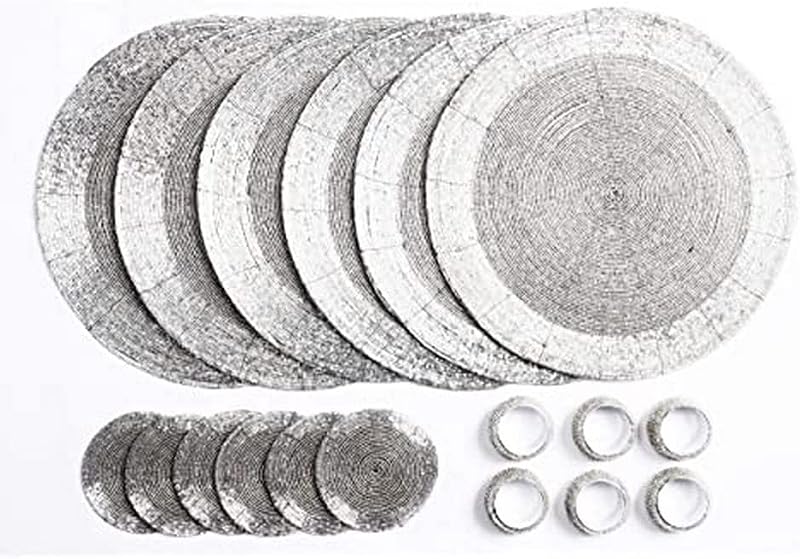 Penguin Home Handcrafted Glass Beaded Round Placemats Set of 18 Silver 32 cm
