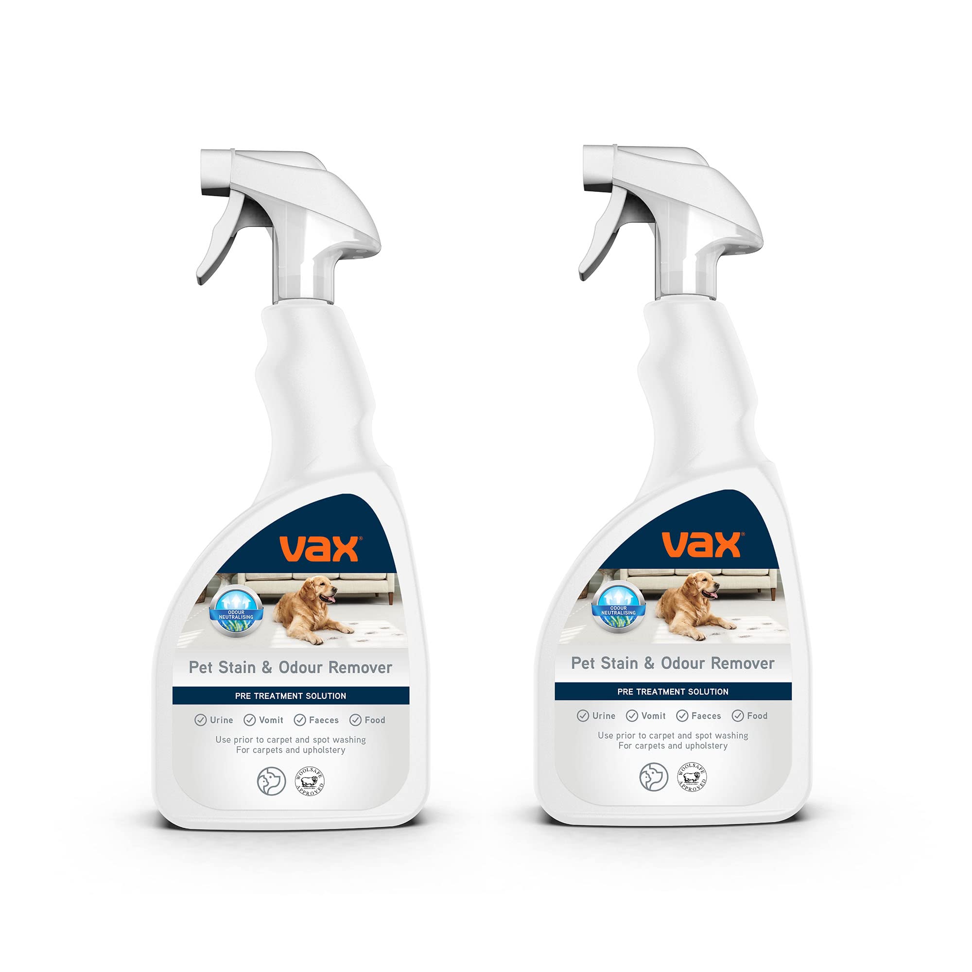 Vax Pet, Stain & Odour Remover 500ml Trigger Twin Pack Pre Treatment Carpet Cleaner Solution,Upholstery Stain Shampoo,Fragrance Free,Formulated for Stubborn Stains and Smellier Messes,1-9-142894,White