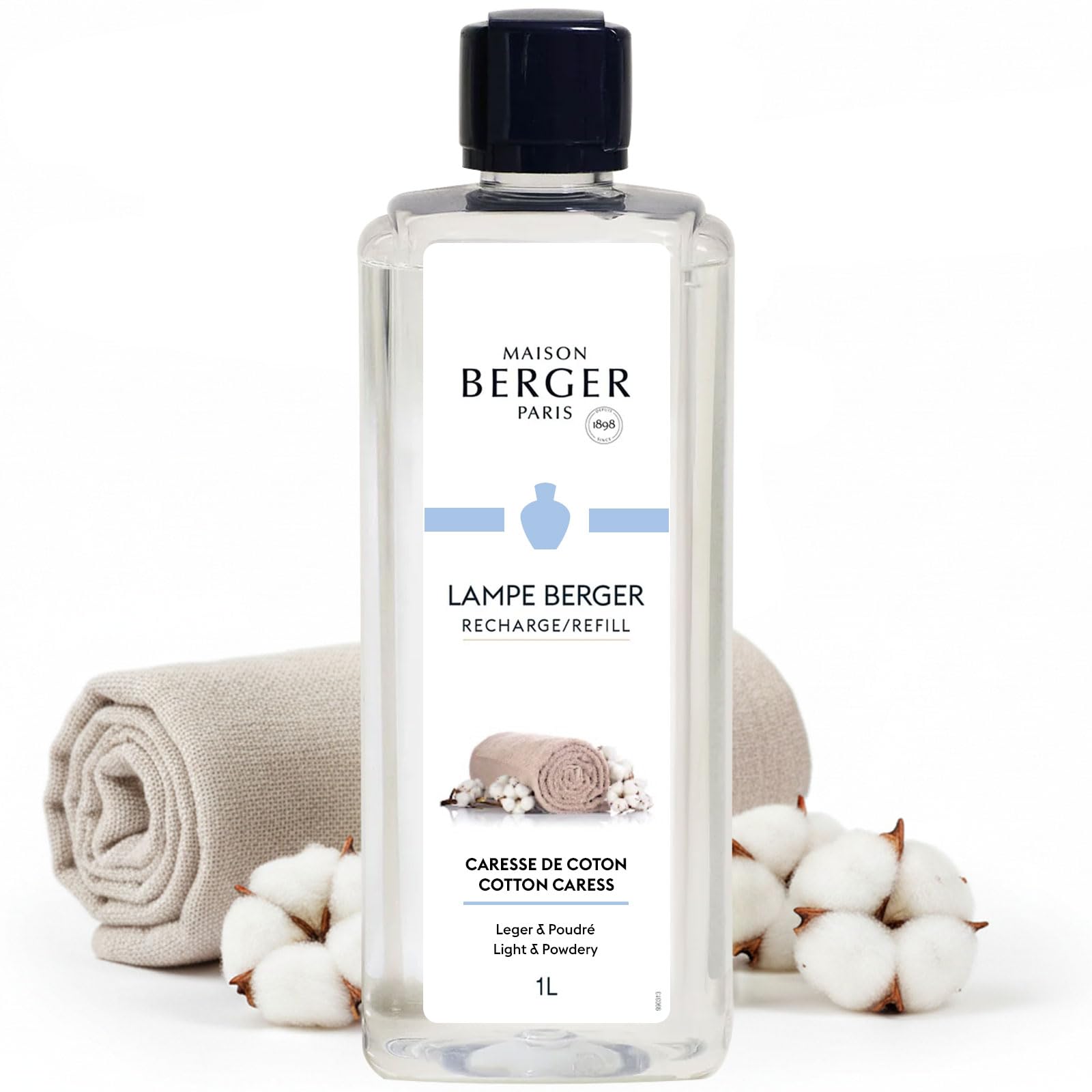 MAISON BERGER Cotton Caress Lamp Berger Fragrance Refill, 1 Liter – 2-in-1 Catalytic System, Neutralizes Odours Then Diffuses Fragrance, Soft Powdery Musk with Clean Linen Hints