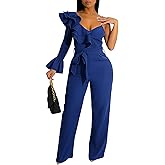 chicyes Women's Jumpsuits Dressy Off Shoulder Long Sleeve V Neck Rompers Wide Leg Pants Summer Vacation Sexy Club Outfits