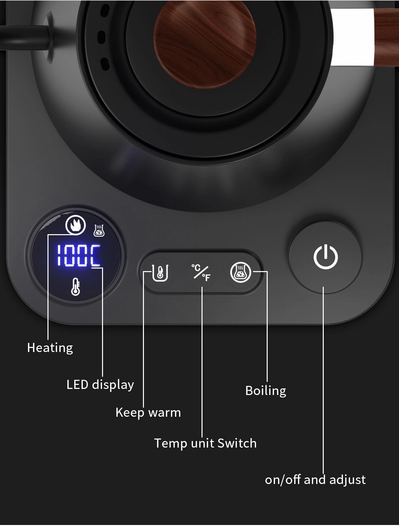 Hervidor eléctrico digital inteligente con control de temperatura variable, interior de acero inoxidable, hervidores eléctricos de cuello de cisne de calentamiento rápido de 1200 W, elegante acabado mate para café y bebidas calientes, 0,9 L (negro)