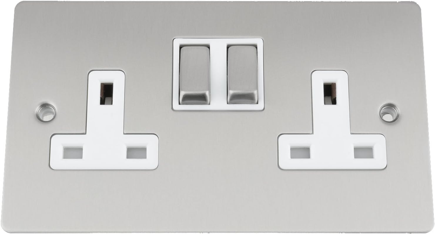 A5 SOC2GSFWS 13 A Double 2-Gang Plug Socket with Flat White Insert - Satin Matt Chrome