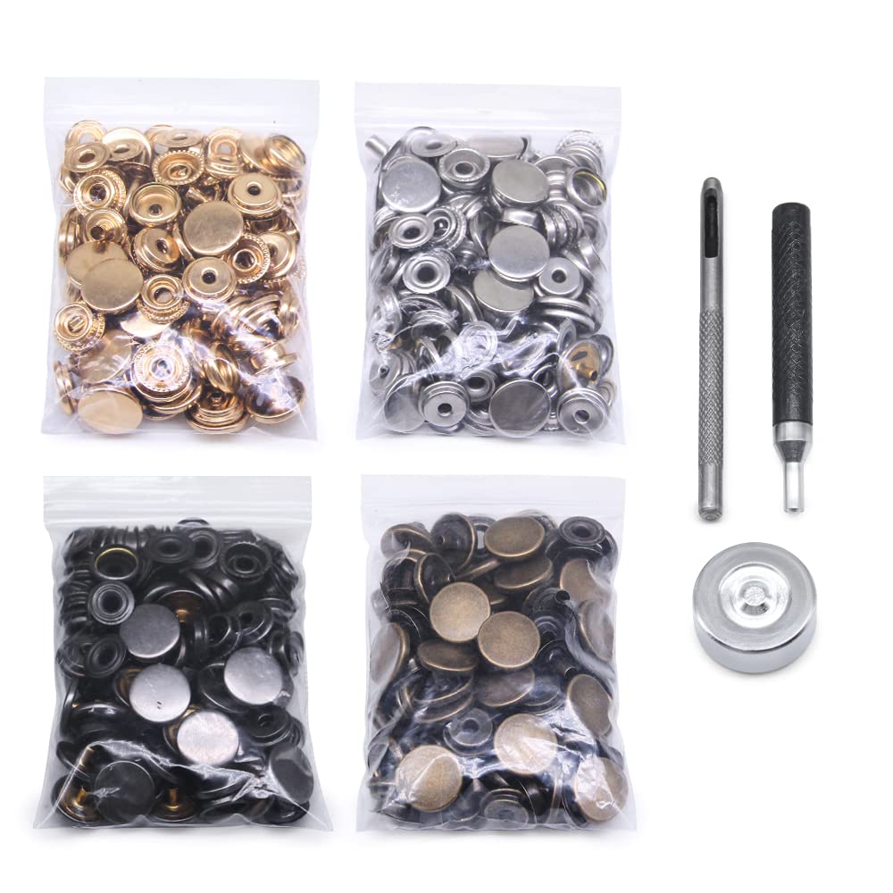 120 Set Leather Snap Fasteners Kit, 10/12.5/15mm Metal Button Snaps Press Studs with 4 Setter Tools, 4 Color Leather Snaps for Clothes, Jackets, Jeans Wears, Bracelets, Bags (12.5mm(203#))