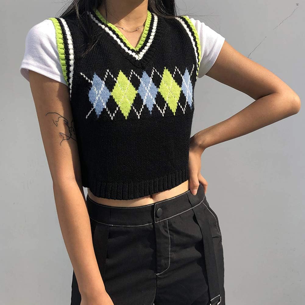 SAFRISIOR Women V Neck Vintage Sweater Vest Sleeveless Crop Sweaters Casual Preppy Style Tank Top at  Women’s Clothing store