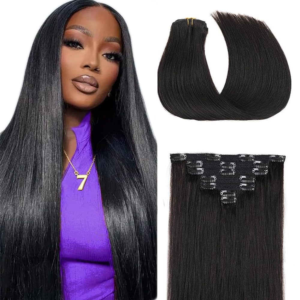 Photo 1 of 12 Inch #1B Natural Black Straight Clip in Human Hair Extensions 7 Pieces 120g Knotless Double Weft Black Clip ins Straight Hair Extensions for Women