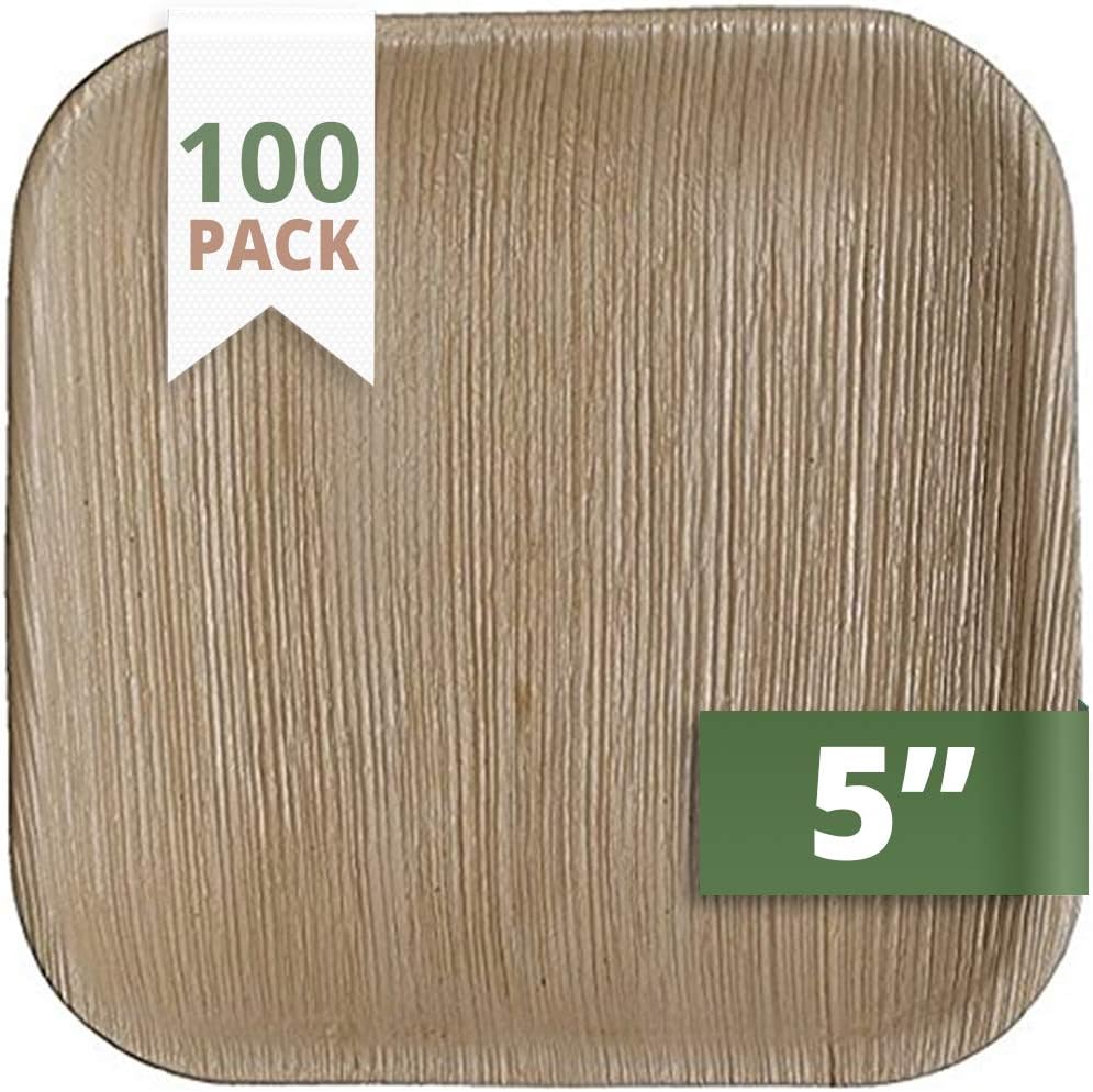 CaterEcoSquare Palm Leaf Plates Set (Pack of 100) | Appetizer Or Dessert Plates | Ecofriendly Disposable Dinnerware | Heavy Duty Biodegradable Party Utensils for Wedding, Camping & More