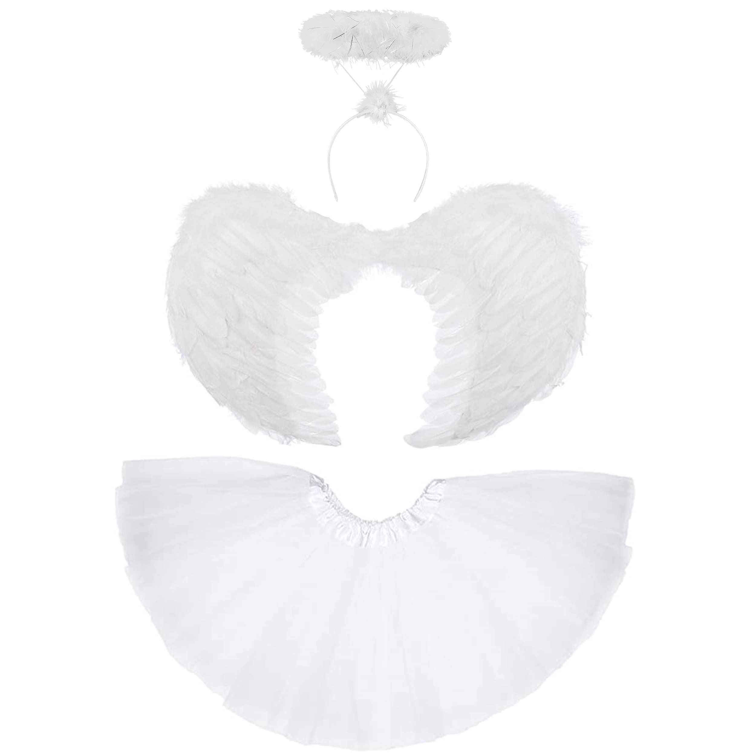3pc Ladies Angel Costume - Womens White Angel Wings and Halo Headband with Tutu Skirt Halloween Costumes for Women - Adult White Wings Christmas Nativity Fairy Outfit Fancy Dress for Adults