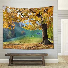 Autiful Landscape with Magic Autumn Trees and Fallen Leaves in The Mountains (Harmony, Relaxation - Concept) - Fabric Wall Tapestry Home Decor - 51x60 inches