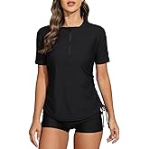Halcurt Women's Half Zip Short Sleeve Rash Guard Swim Shirt with Tie Drawstring UPF50+ Swimsuit Top