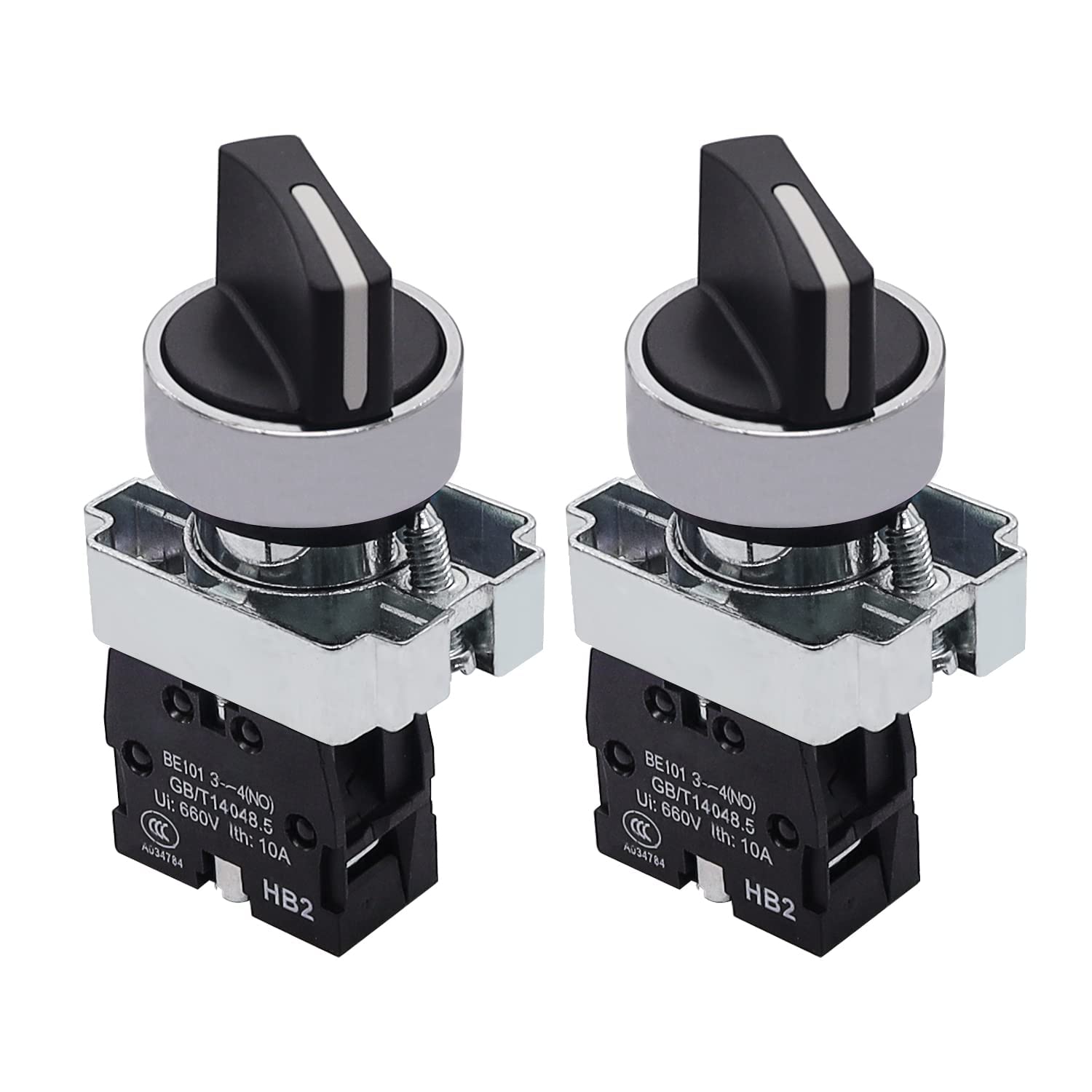 Taiss 2Pcs 22mm Selector Switch SPST 1 NO 2 Positions Maintained Latching Rotary Selector Switch 440V 10A XB2-10X/21-HB2-BD21