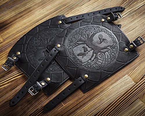 Leather Cuff Bracer - LARP Gauntlet - Leather Wristbands - LARP Accessories Viking Bracers - Archery Armguard - Yggdrasil World Tree - Length 6"