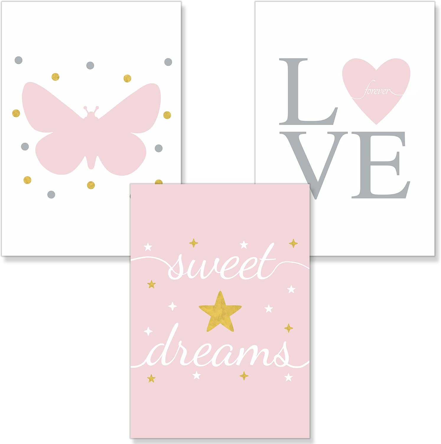 PREMYO Wall Art Prints Nursery Decor - Baby Room Decoration Girl - Kids Poster Set Love Heart Butterfly Pink Picture A4