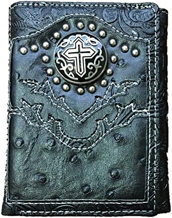 Texas West Men's Concho Cross Trifold Wallet in Ostrich Brown and Black (Black)