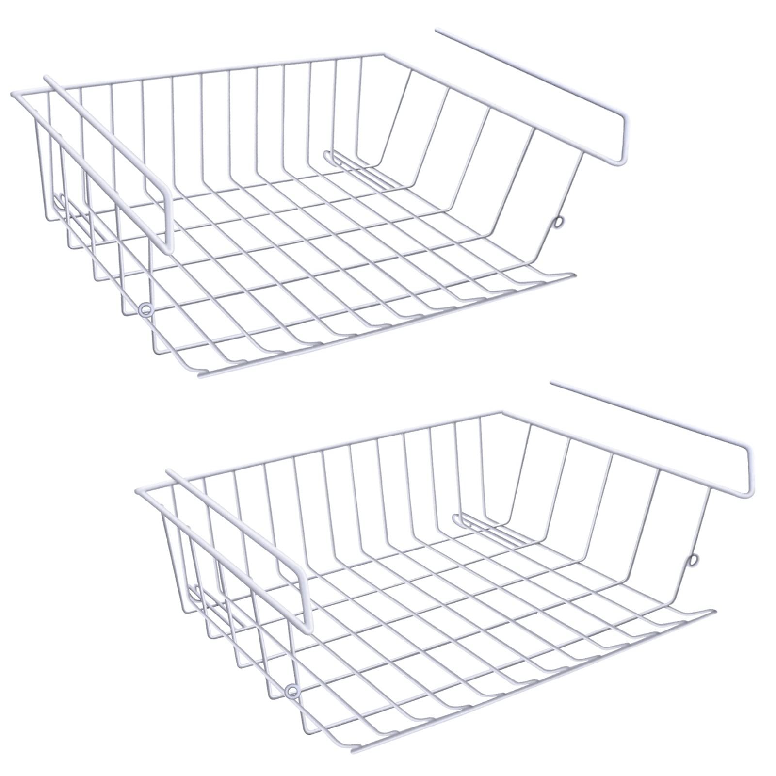 m zimoon Under Shelf Storage Basket, Under Cabinet Hanging Metal Wire Storage Wire Basket Organizer Fit Dual Hooks for Kitchen Pantry Desk Bookshelf Cupboard (2 Pcs, White)