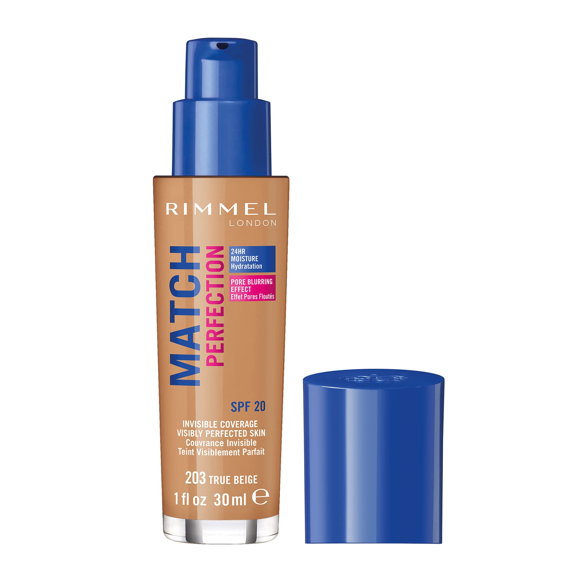 Rimmel Match Perfection Foundation 203 True Beige, Medium Coverage, 24hr Hydration, No Caking or Creasing, Lightweight, Reduces Imperfections, Invisible Coverage, SPF20, Cruelty Free