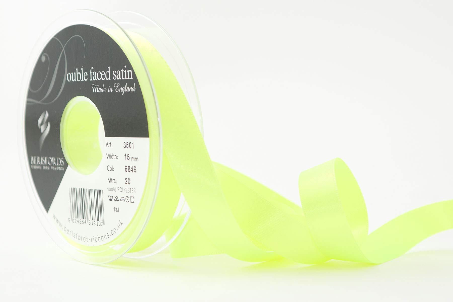 Berisfords Double Satin Ribbon, Flo Yellow, 15 mm