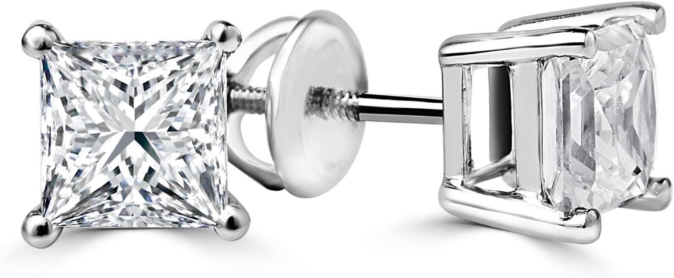 1/2 CTW Princess Cut Diamond Stud Earrings in 14K White Gold with Screw Backs (SI1-SI2)