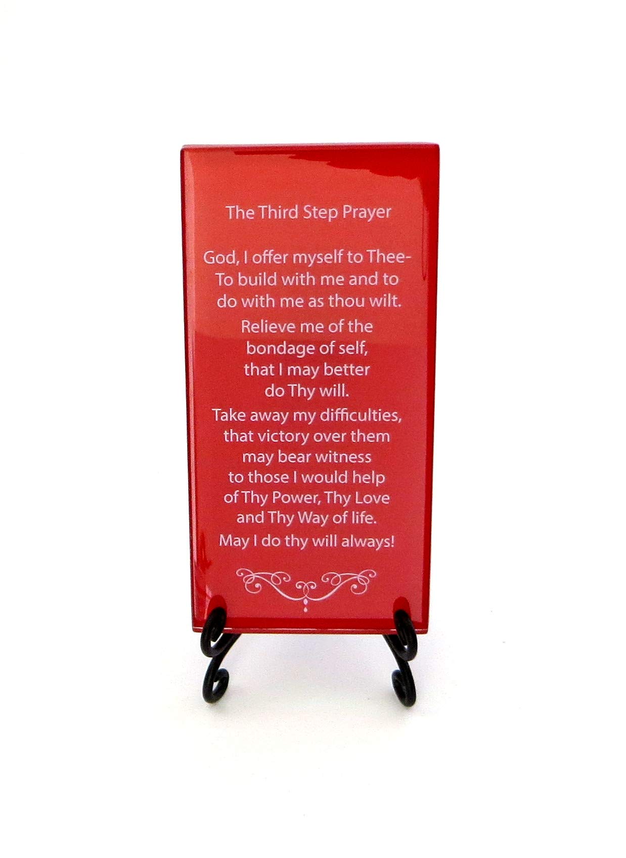 The Third Step Prayer Inspirational Glass Plaque. Beloved Prayer Provides Loving Support and Encouragement For Those In Recovery. Includes Folding Easel. By Lifeforce Glass. Red.
