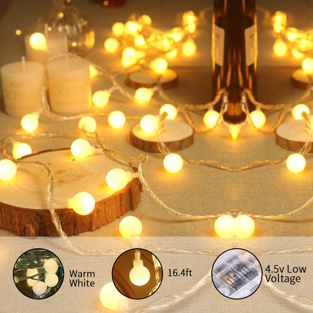 Globe Ball String Lights 16.4ft 50 LED Warm White Globe lights Battery Operated Fairy string Lights with 8 Modes and Timer Remote Control for Bedroom, Garden, Christmas, Wedding, Party