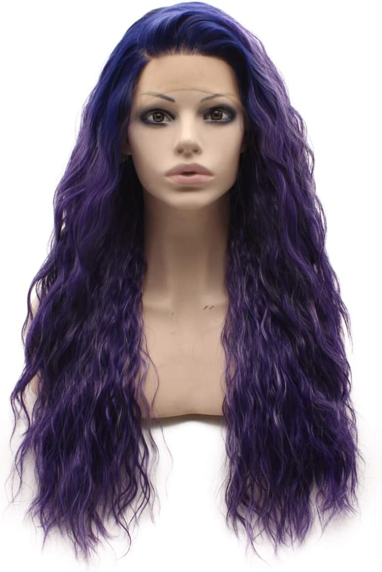 Long Curly Lace Front Synthetic Hair Purple Cosplay Party Wig Heat Resistant Fiber, 26inch