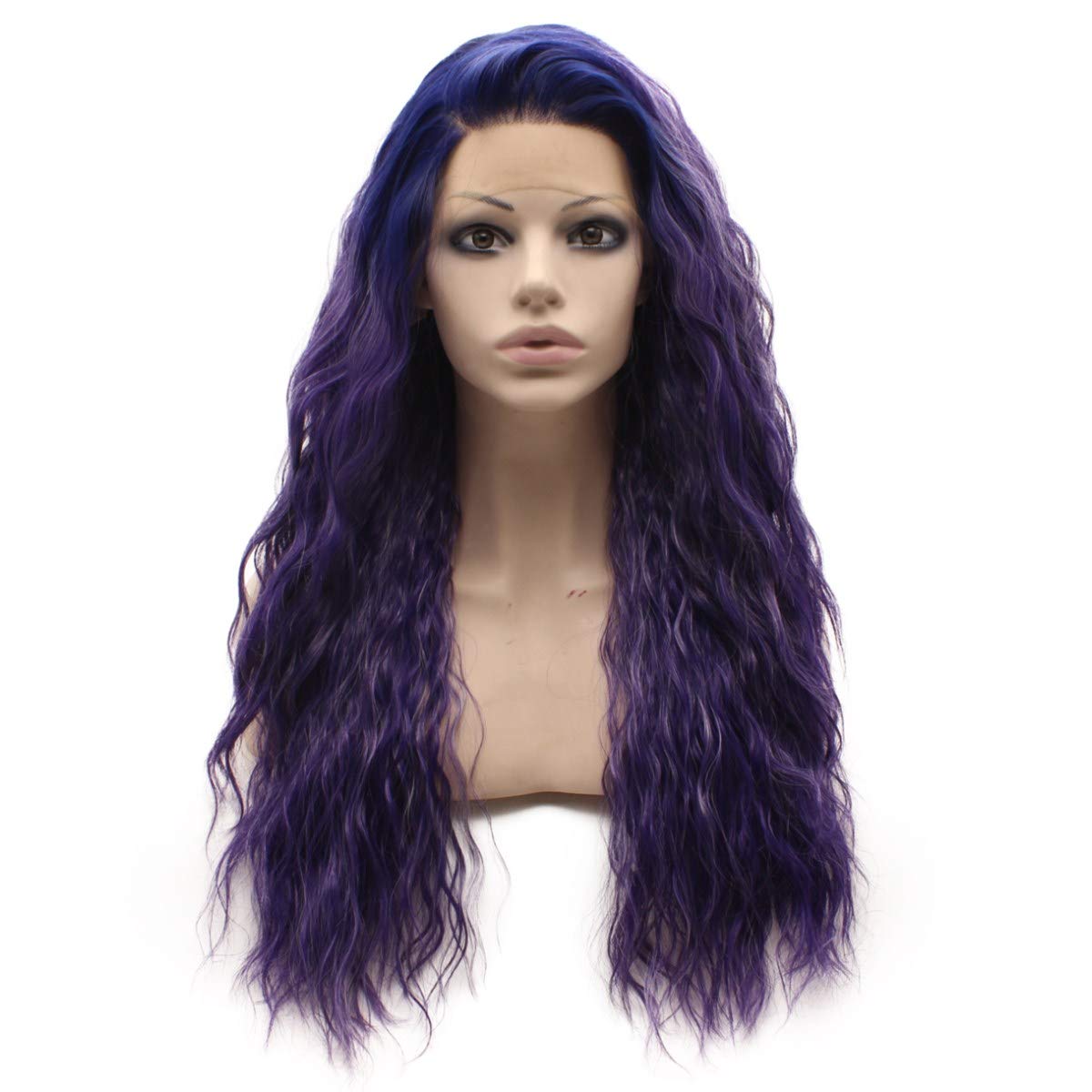 Long Curly Lace Front Synthetic Hair Purple Cosplay Party Wig Heat Resistant Fiber