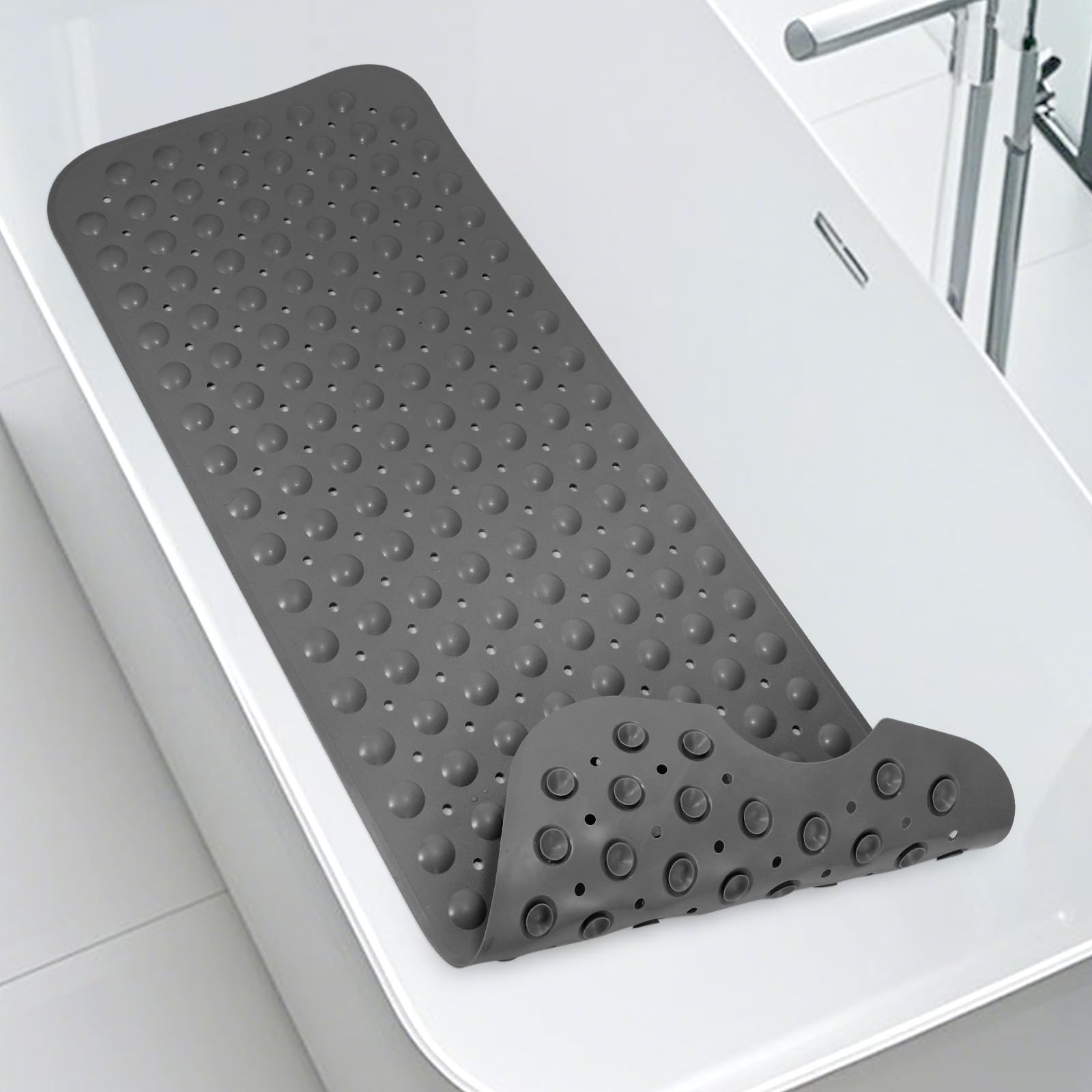 Photo 1 of WarmSnow?is TPE, Not PVC? Long Bathtub Mat Non Slip 39.5 x 16 Inch, Inside Shower Mats with Suction Cups & Drain Holes, Soft TPE Bath Mat for Tub, Quick-Drain Bathroom Floor Mats, Dark Gray