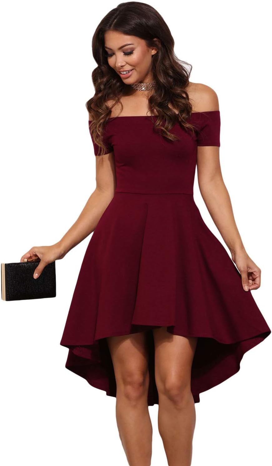 KaleaBoutique Women High Low Hem Off Shoulder Mini Short Party Cocktail Evening Dress