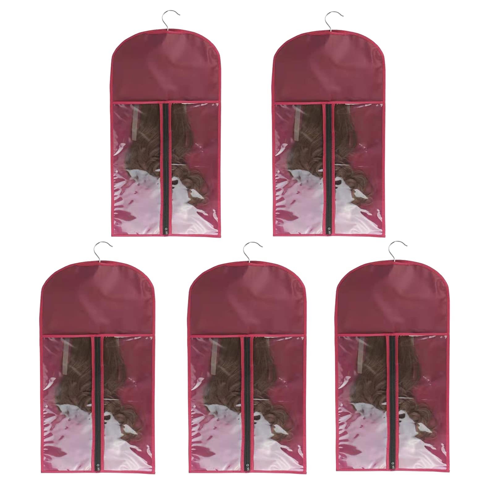Yundxi 5 Pieces Portable Wig Storage Bag with Hanger, Dustproof & Practical, Hair Extensions Holder Case Organizer Protector Pouch (60x29cm, Wine Red) — image 1