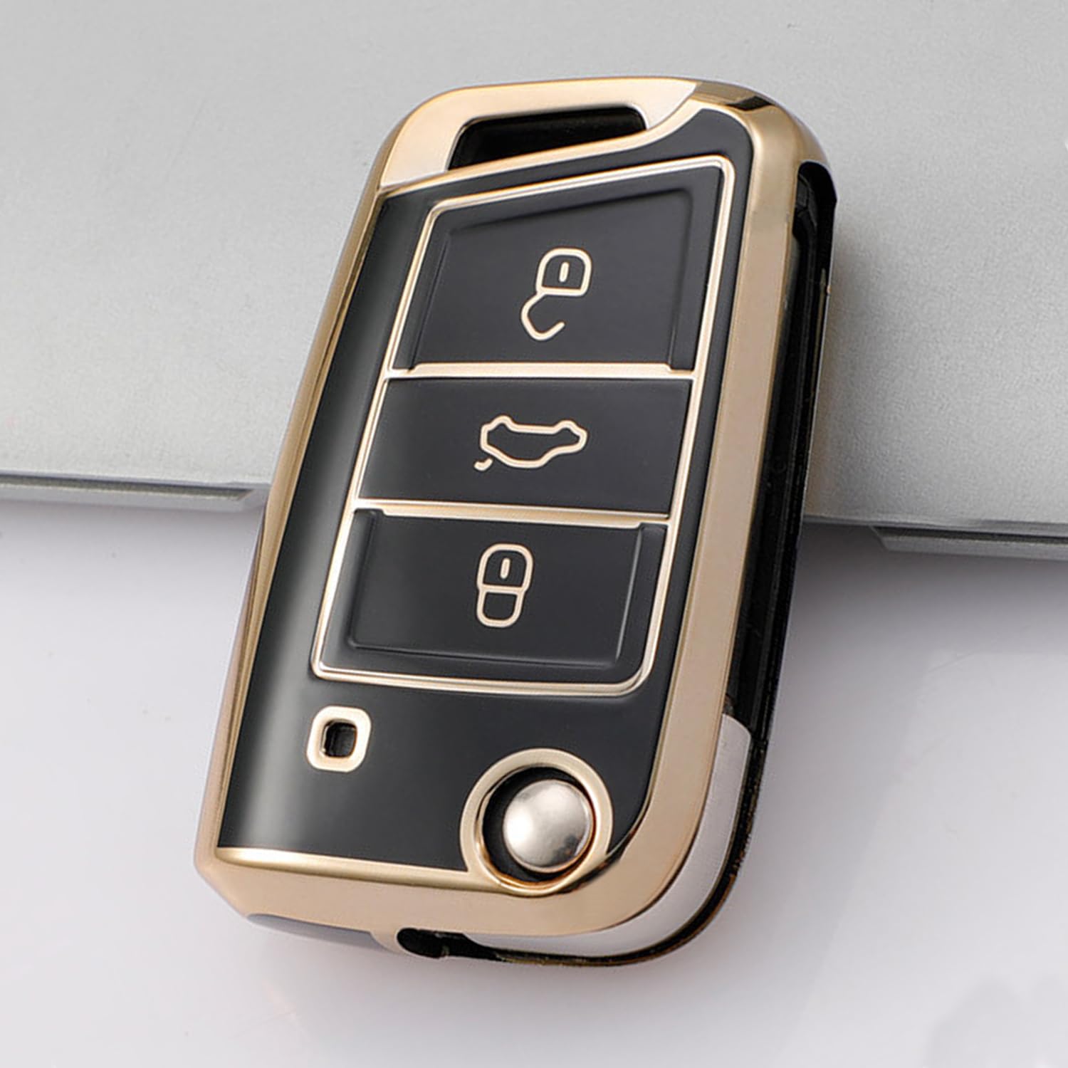 Juttzzei Vw Polo Key Fob Cover - Soft TPU, 3 Buttons (Black) - Compatible with Golf 7, Ateca, Arona, MK6, MK7, Polo, Jetta, Fabia, Tiguan, Touran, Toledo, Skoda, Seat Leon, Ibiza, Octavia