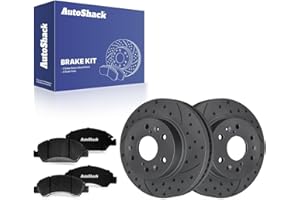 AutoShack Front Vented Drilled & Slotted Coated Brake Rotors Black Matte Finish + Ceramic Pads 6-PC Brake Kit Replacement for