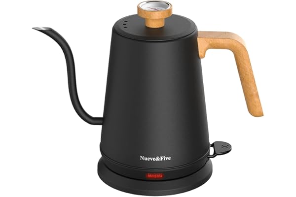 Nueve&Five Electric Gooseneck Kettle with Thermometer, 1.0L Pour Over Hot Water Kettle for Coffee and Tea, 1000W, Auto Shutoff, Boil-Dry Protection, Matte Black