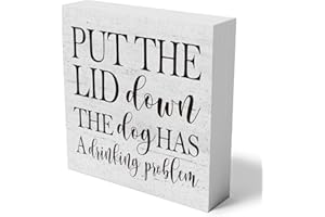 mmiishe Put the Lid Down the Dog Has a Drinking Problem Wooden Box Sign Decorative Funny Bathroom Wood Box Sign Home Decor Rustic Farmhouse Square Desk Decor Sign for Shelf 5 x 5 Inches