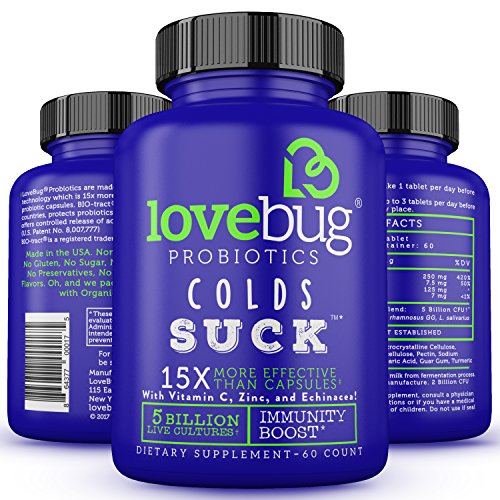 LoveBug Cold Suck Probiotics Supplements will Support Your Deep Immune System with Multi-Strain Probiotic Booster. Fast & Effective with Small Doses, Gluten Free. 30 Days Supply Tablet