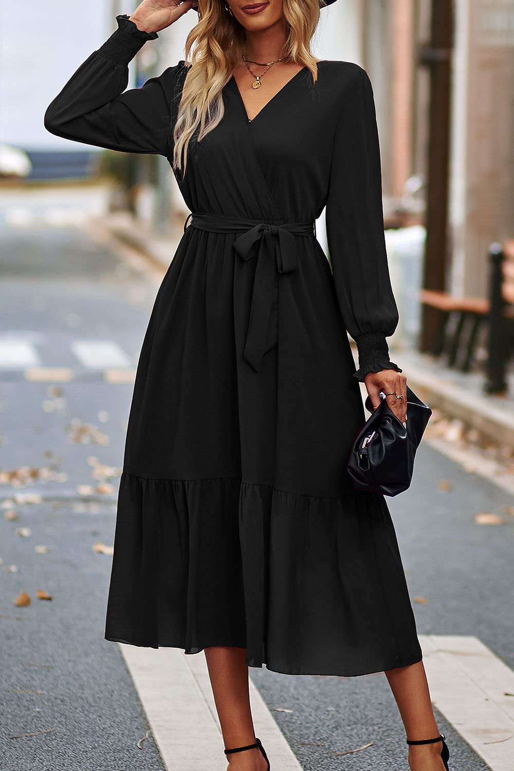 PRETTYGARDEN Women's Floral Boho Dress Fall Long Sleeve Wrap V Neck Ruffle Flowy Maxi Spring Wedding Guest Vacation Dresses