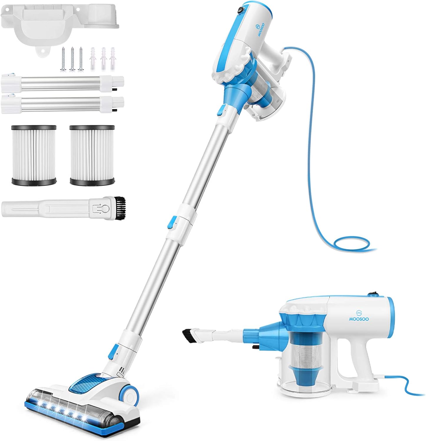 MOOSOO Vacuum Cleaner, 4 in 1 Stick Vacuum 17000pa Powerful Suction, with LED Electric Brush 1.2L Large-Capacity Dust Cup for Hardwood Floor Vacuum with 2Pcs HEPA D601, Blue -