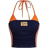 SOLY HUX Women's Halter Crop Tops Y2K Color Block Embroidered Cami Top Summer Sleeveless Slim Fitted Top