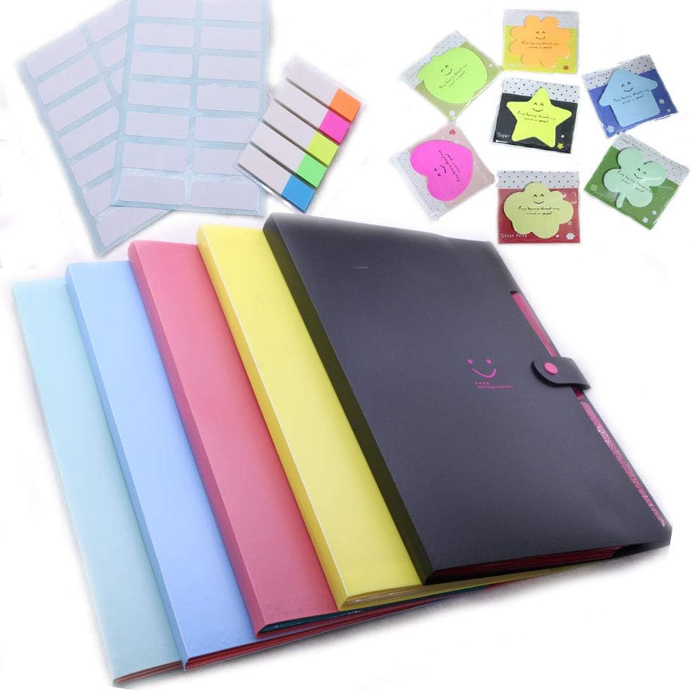 TSAOYA 5 Pcs Expanding File Folders with 5 Pockets Plastic File Organizer A4 Letter Size 5 Different Colored Decorative for Families and Office (5 Pack)
